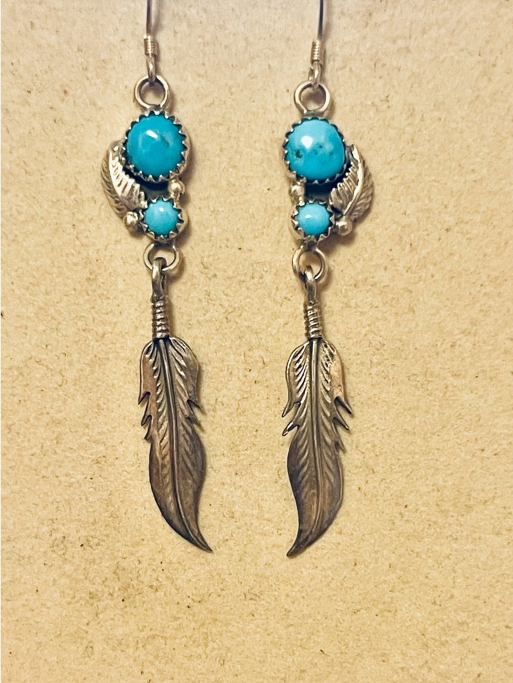 VTG NATIVE AMERICAN NAVAJO
STERLING SILVER TURQUOISE DANGLE
FEATHER EARRINGS
